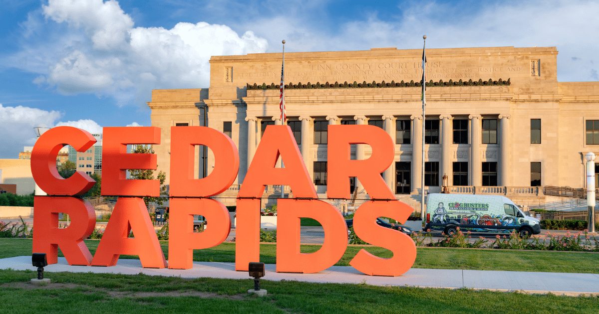 The CEDAR RAPIDS letter sculpture in downtown Cedar Rapids, Iowa
