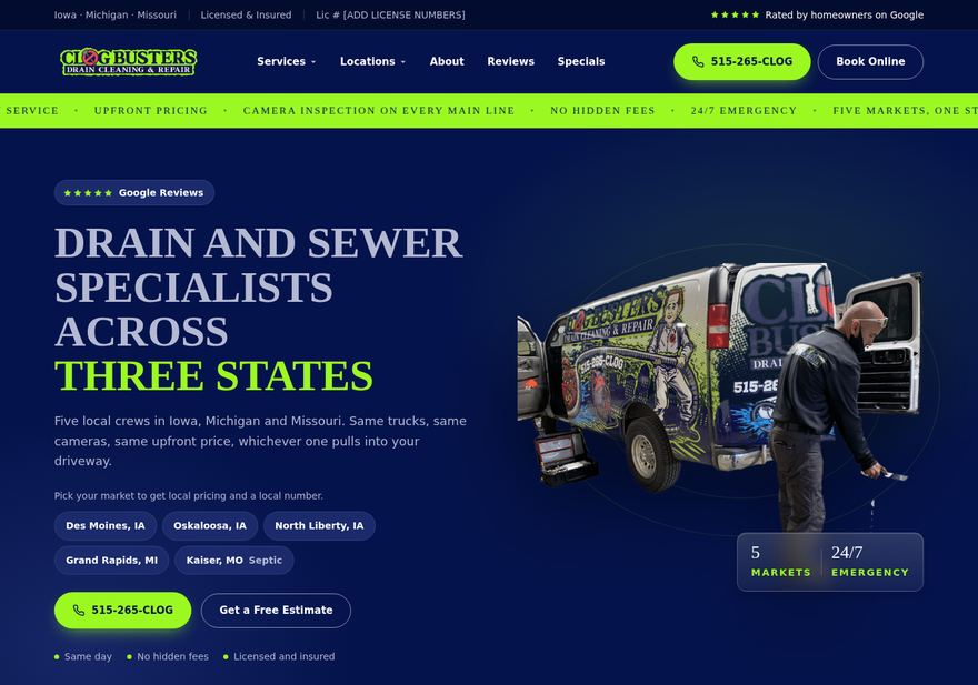 Signal homepage direction, navy hero with the van cutout
