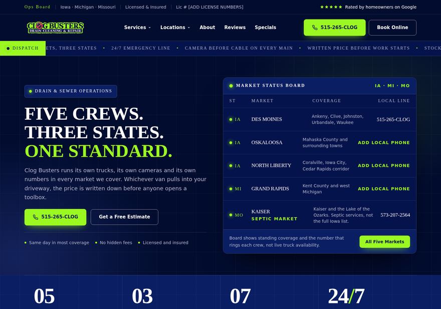 Dispatch homepage direction, live operations board